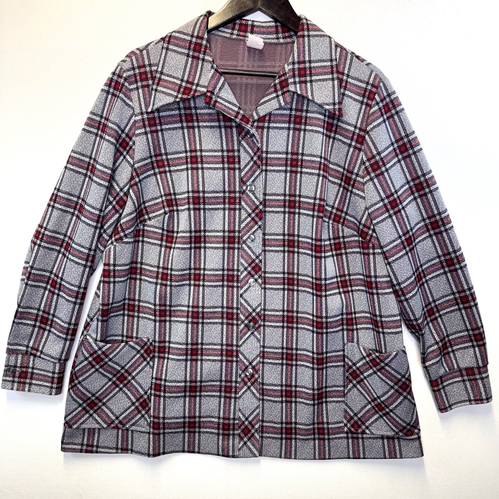 VTG‎ 70s Montgomery Ward womens Overshirt gray red plaid button-up measures XXL